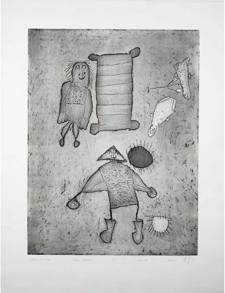 SHEOJUK ETIDLOOIE, INUIT, Falling out of Bed, 1999 (Special Release, 2000): SHEOJUK ETIDLOOIE (1932-1999) KINNGAIT (CAPE DORSET) Falling out of Bed, 1999 (Special Release, 2000) Printmaker: STUDIO PM, Montreal etching and aquatint, 41 x 31.5 in (104.1 x 80 cm) 7/20 ESTIMATE: