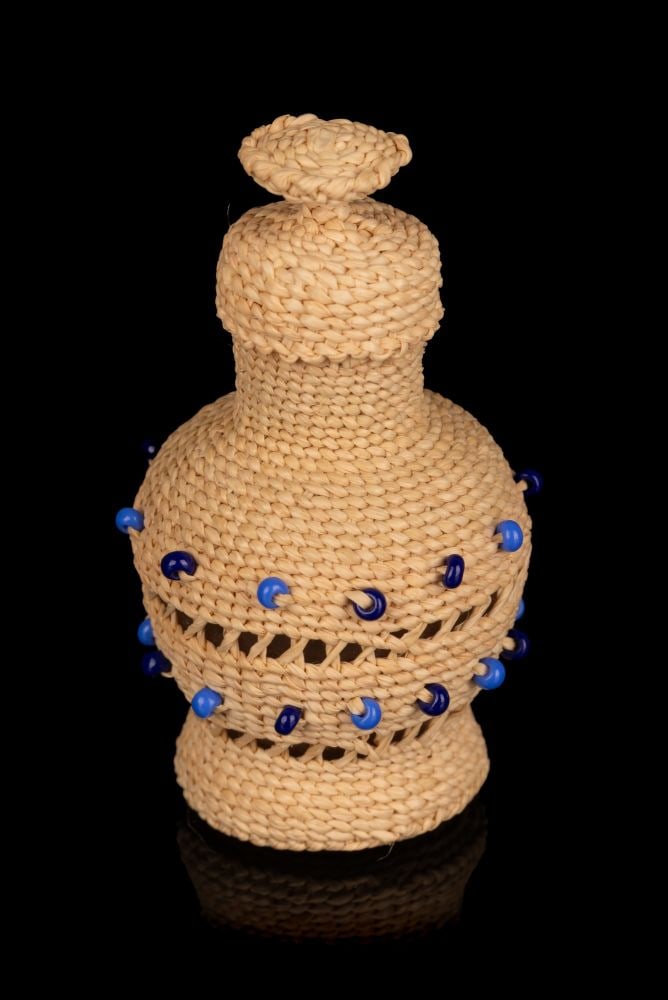 UNIDENTIFIED UNANGAX? (ALEUT) ARTIST, Basketry Wove Glass Bottle with Alternating Blue Beads, 1980s (1 of 7)