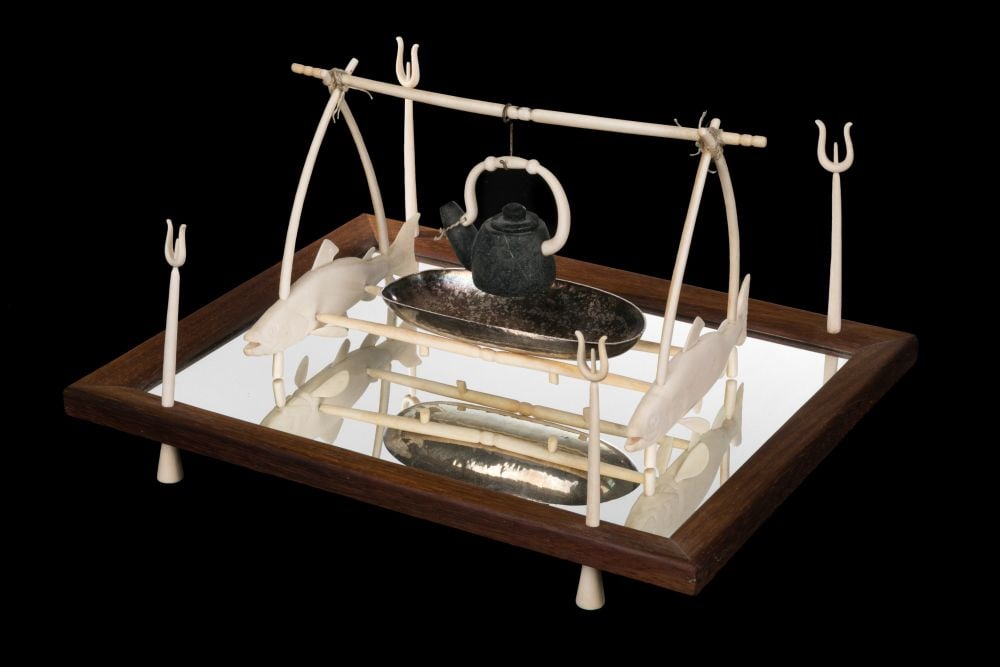 MICHAEL MASSIE, INUIT, Reflecting on the Past, 15 Nov 2005: MICHAEL MASSIE, C.M., R.C.A. (1962-) KIPPENS, NEWFOUNDLAND AND LABRADOR Reflecting on the Past, 15 Nov 2005 antler, metal, stone, wood, and mirror, 8.25 x 14.5 x 9.75 in (21 x 36.8 x 24.8 cm) titled,