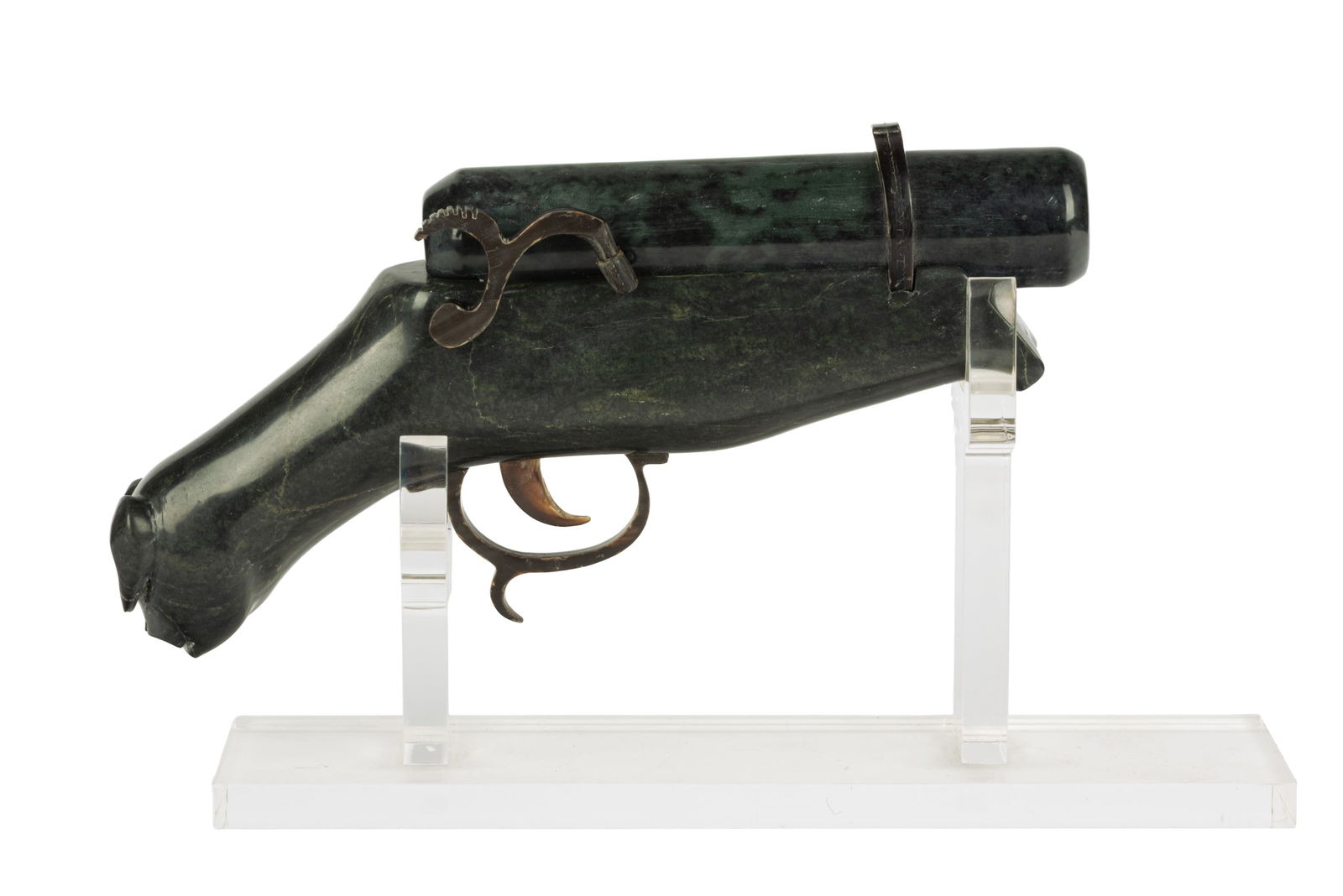 JAMASEE PITSEOLAK, INUIT, Pistol with Muskox Handle, 2011: JAMASEE PITSEOLAK (1968-) KINNGAIT (CAPE DORSET) Pistol with Muskox Handle, 2011 see firstarts.ca for details, 4.75 x 10.5 x 2 in (12.1 x 26.7 x 5.1 cm) signed with artist's stylized monogram, "???".