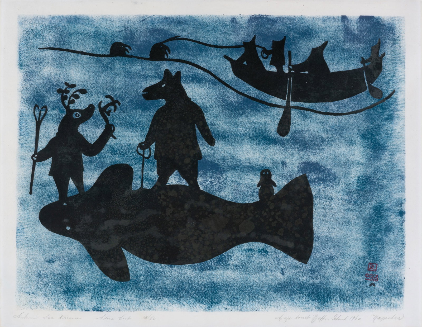 NAPACHIE POOTOOGOOK, INUIT, Eskimo Sea Dreams, 1960 #42: NAPACHIE POOTOOGOOK (1938 -2002) KINNGAIT (CAPE DORSET) Eskimo Sea Dreams, 1960 #42 Printmaker: IYOLA KINGWATSIAK (1933-2000) KINNGAIT (CAPE DORSET) stonecut, 17.75 x 23.75 in (45.1 x 60.3 cm)*, frame