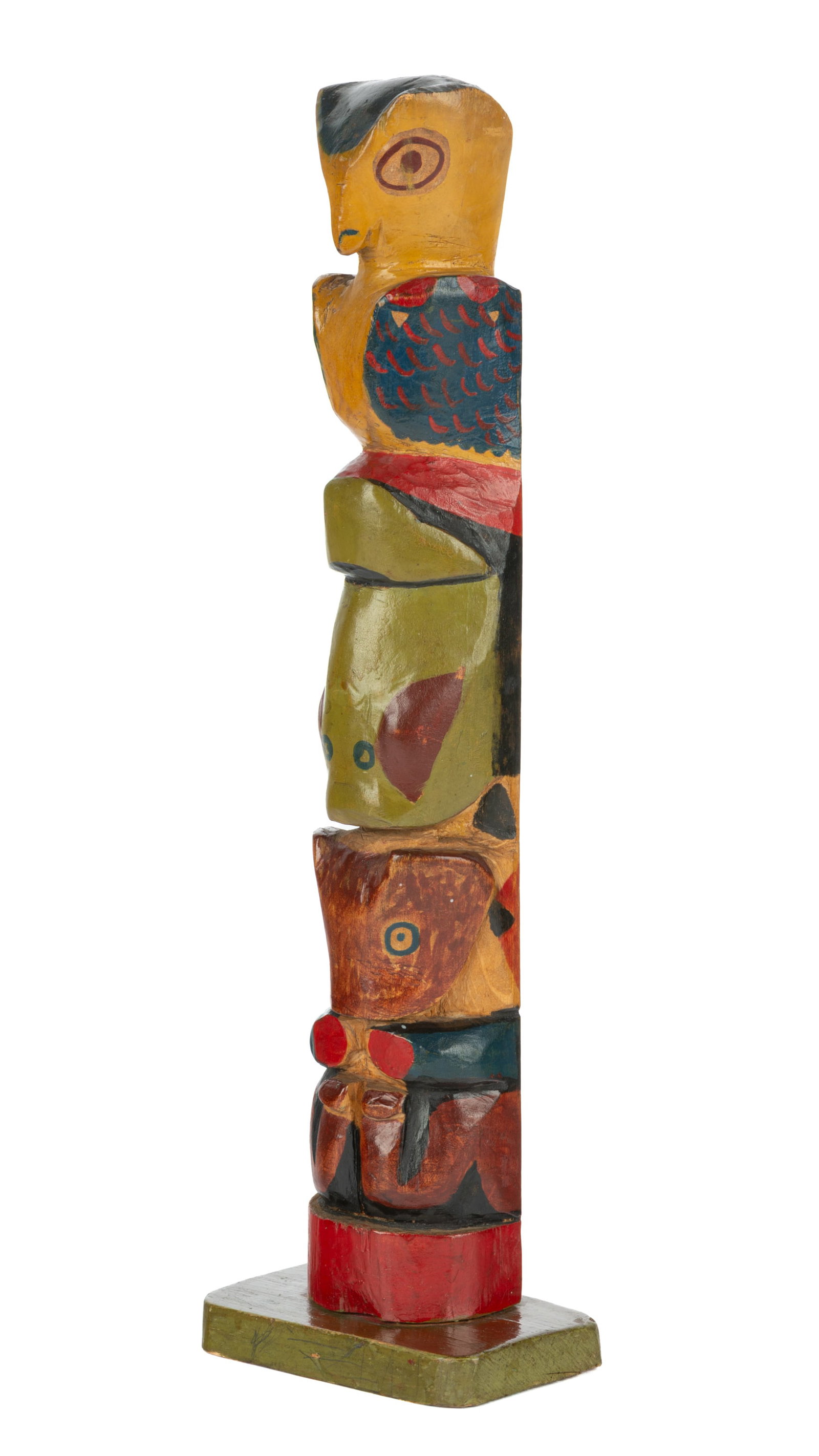 UNIDENTIFIED NUU-CHAH-NULTH ARTIST, Model Totem Pole, c. 1920s-1930: UNIDENTIFIED NUU-CHAH-NULTH ARTIST Model Totem Pole, c. 1920s-1930 cedar wood and paint, 17 x 4.5 x 3.5 in (43.2 x 11.4 x 8.9 cm) unsigned. Provenance Private Collection, Vancouver. The Nuu-chah-nulth
