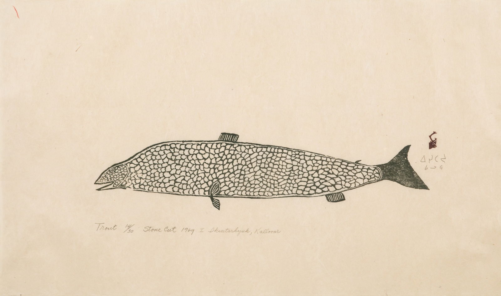 LUKE IKSIKTAARYUK, INUIT, Trout, 1969 (1970 #33): LUKE IKSIKTAARYUK (1909-1977) QAMANI’TUAQ (BAKER LAKE) Trout, 1969 (1970 #33) Printmaker: FRANCIS KALURAQ (1931-1990) QAMANI'TUAQ (BAKER LAKE) stonecut, 14.25 x 22.75 in (36.2 x 57.8 cm), framed 14/