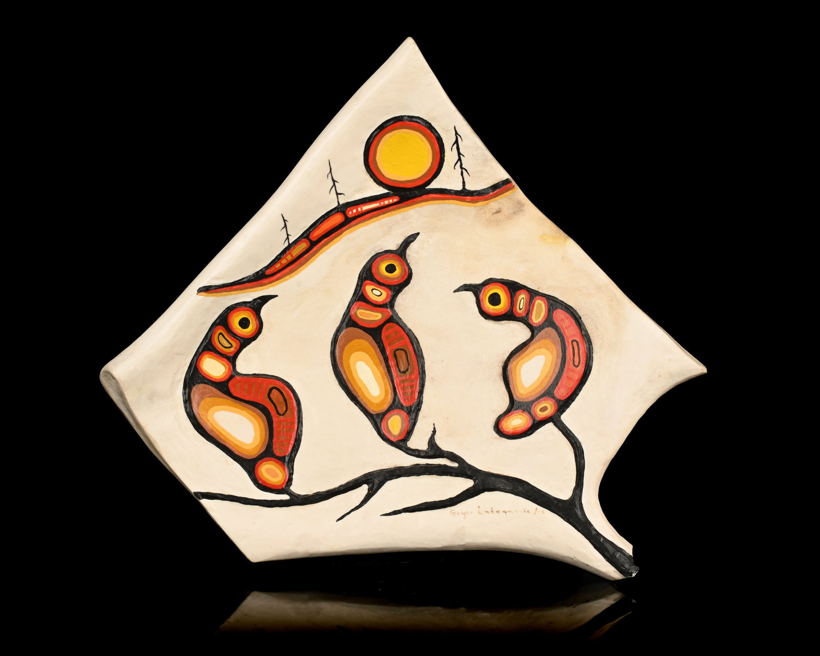 GOYCE KAKEGAMIC, ANISHINAABE (CREE), Untitled (Perched Birds in Warm Sunset), 2005: GOYCE KAKEGAMIC (1948-2021) ANISHINAABE (CREE) Untitled (Perched Birds in Warm Sunset), 2005 acrylic on relief carved antler, 12.5 x 14.5 x 2.5 in (31.8 x 36.8 x 6.3 cm) signed and dated, "Goyce Kakeg