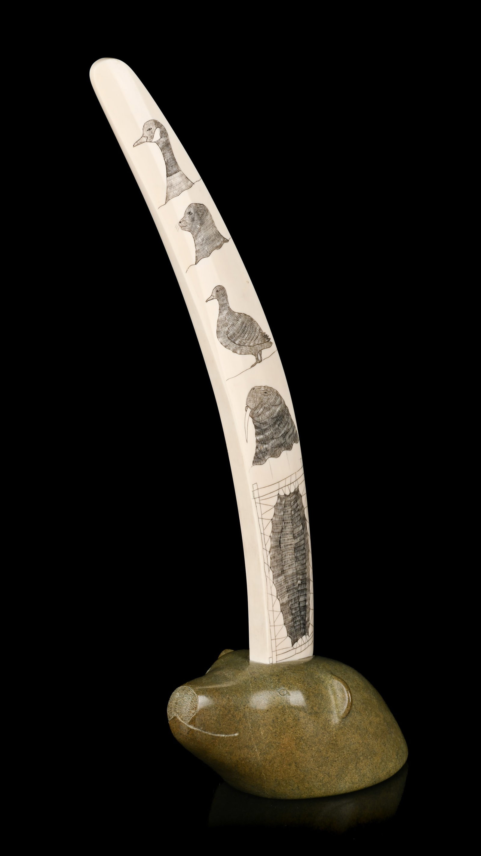 SANDY AKAVAK, INUIT, Incised Panel on Polar Bear Head Base, 1976: See FirstArts.ca for details.
