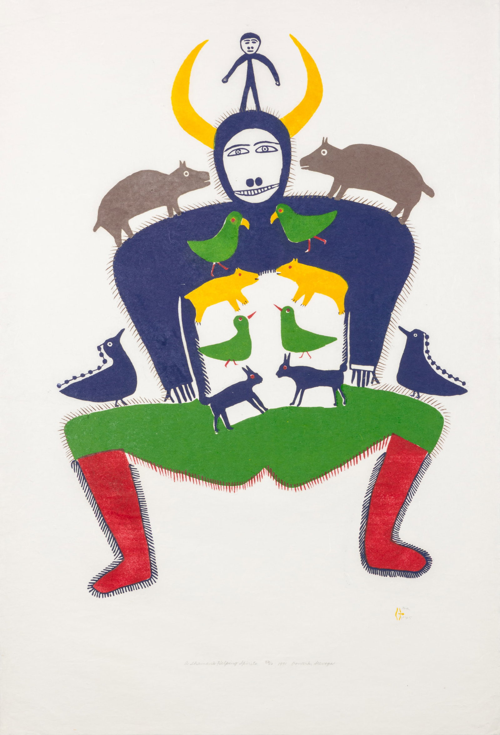 JESSIE OONARK, INUIT, A Shaman's Helping Spirits, 1971 #9: JESSIE OONARK, O.C., R.C.A (1906-1985) QAMANI'TUAQ (BAKER LAKE) A Shaman's Helping Spirits, 1971 #9 Printmaker: THOMAS SIVURAQ (1941-) QAMANI'TUAQ (BAKER LAKE) stonecut and stencil, 37 x 25 in (94 x 6