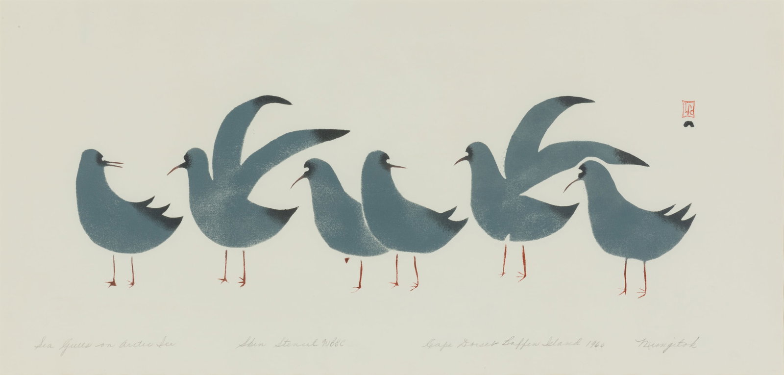 MUNGITOK KELLYPALIK, INUIT, Sea Gulls on Arctic Ice, 1960 #38: MUNGITOK KELLYPALIK (1940-2014) KINNGAIT (CAPE DORSET) Sea Gulls on Arctic Ice, 1960 #38 Sandra Barz records that Mungitok identified himself as the printmaker, although others in the group believed t