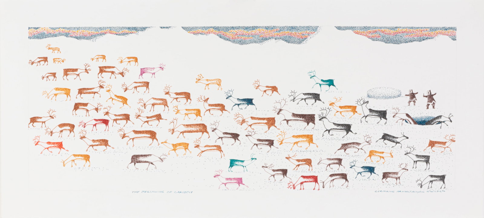 GERMAINE ARNAKTAUYOK, INUIT, The Beginning of Caribou, 2000s: GERMAINE ARNAKTAUYOK (1946-) IGLULIK (IGLOOLIK) The Beginning of Caribou, 2000s ink on heavy wove paper, 10 x 22.5 in (25.4 x 57.1 cm) titled and signed, "THE BEGINNING OF CARIBOU / GERMAINE ARNAKTAUY