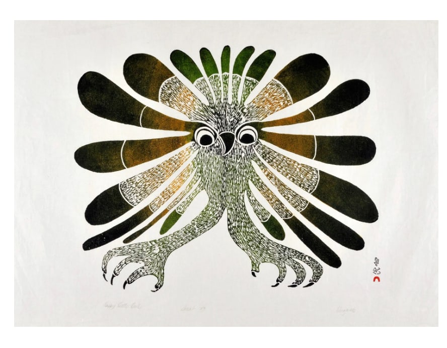 KENOJUAK ASHEVAK, INUIT, Happy Little Owl, 1969 #59: KENOJUAK ASHEVAK, C.C., R.C.A. (1927-2013) KINNGAIT (CAPE DORSET) Happy Little Owl, 1969 #59 Printmaker: EEGYVUDLUK POOTOOGOOK (1931-1999) KINNGAIT (CAPE DORSET) stonecut, 24.5 x 34 in (62.2 x 86.4 cm