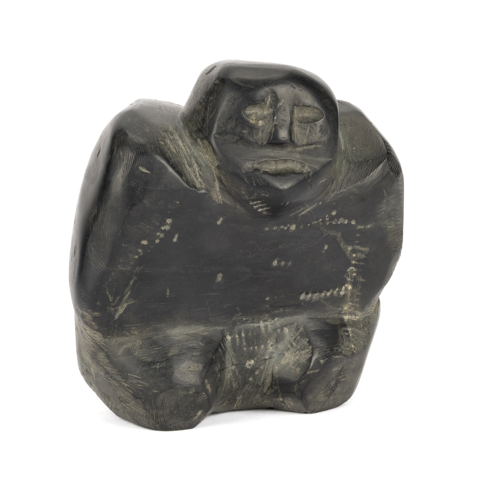 JOHN KAVIK, INUIT, Kneeling Woman with Plaited Hair, c. early-mid 1970s: JOHN KAVIK (1897-1993) KANGIQLINIQ (RANKIN INLET) Kneeling Woman with Plaited Hair, c. early-mid 1970s stone, 6.5 x 6.75 x 5.25 in (16.5 x 17.1 x 13.3 cm) signed, "ᑲᕕ". Provenance Collecti