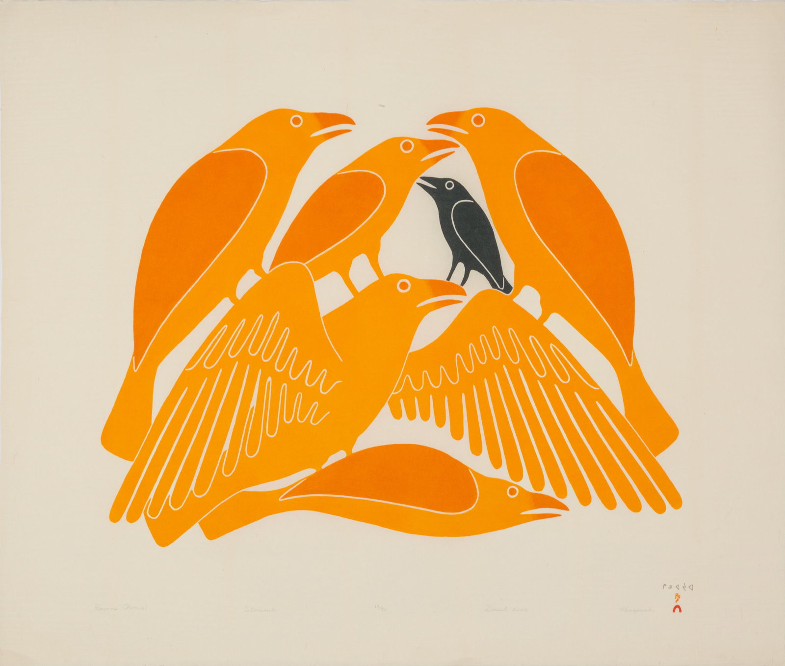 KENOJUAK ASHEVAK, INUIT, Ravens' Chorus, 2002 #21: KENOJUAK ASHEVAK, C.C., R.C.A. (1927-2013) KINNGAIT (CAPE DORSET) Ravens' Chorus, 2002 #21 Printmaker: QIATSUQ NIVIAQSI (1941-) KINNGAIT (CAPE DORSET) stonecut on cream coloured paper, 29.25 x 34.25 i