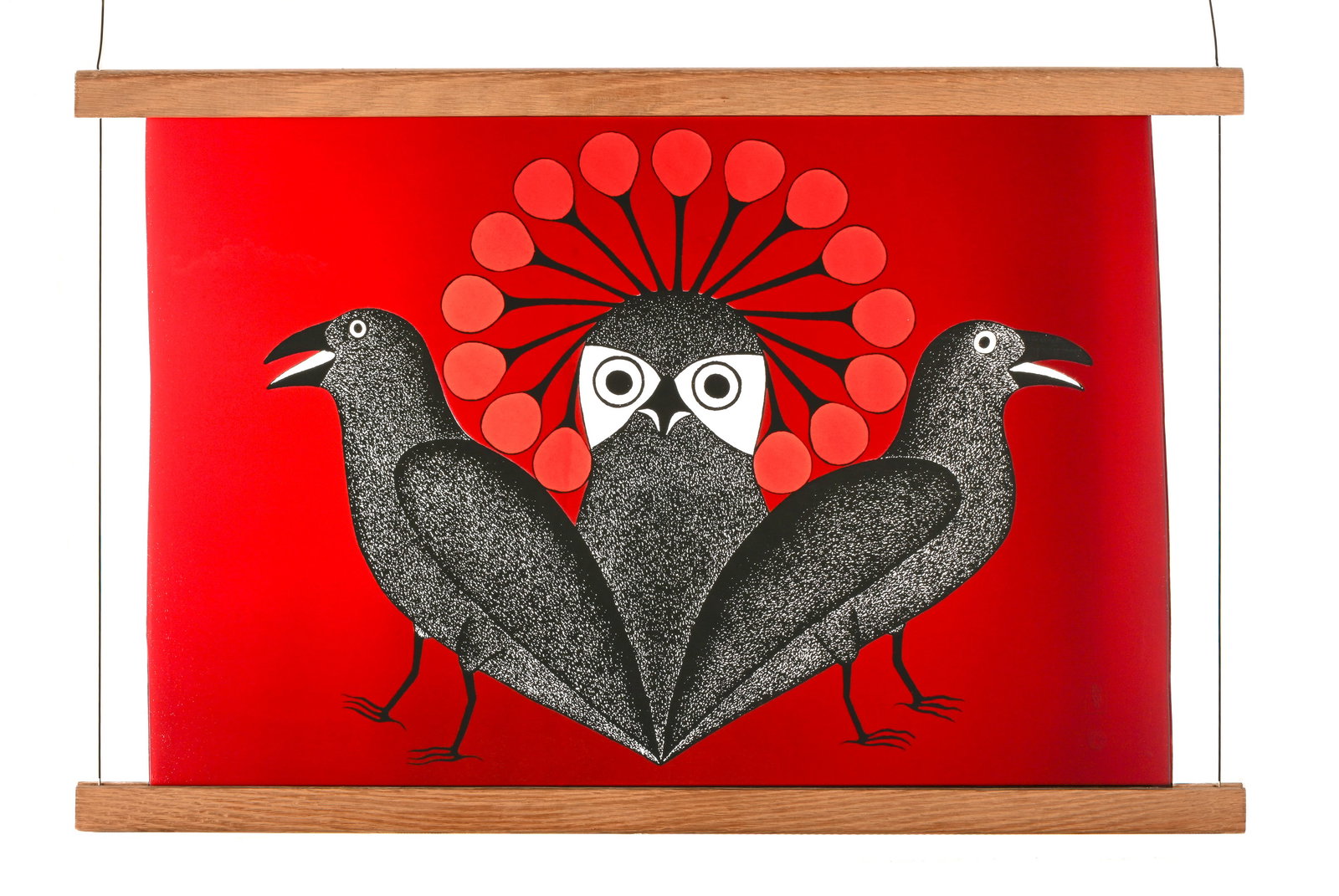 KENOJUAK ASHEVAK, INUIT, Owl and Ravens, 2010: KENOJUAK ASHEVAK, C.C., R.C.A. (1927-2013) KINNGAIT (CAPE DORSET) Owl and Ravens, 2010 serigraph on antique etched glass, 16.5 x 24.75 in (41.9 x 62.9 cm), sight, irregular with etched artist's chop a