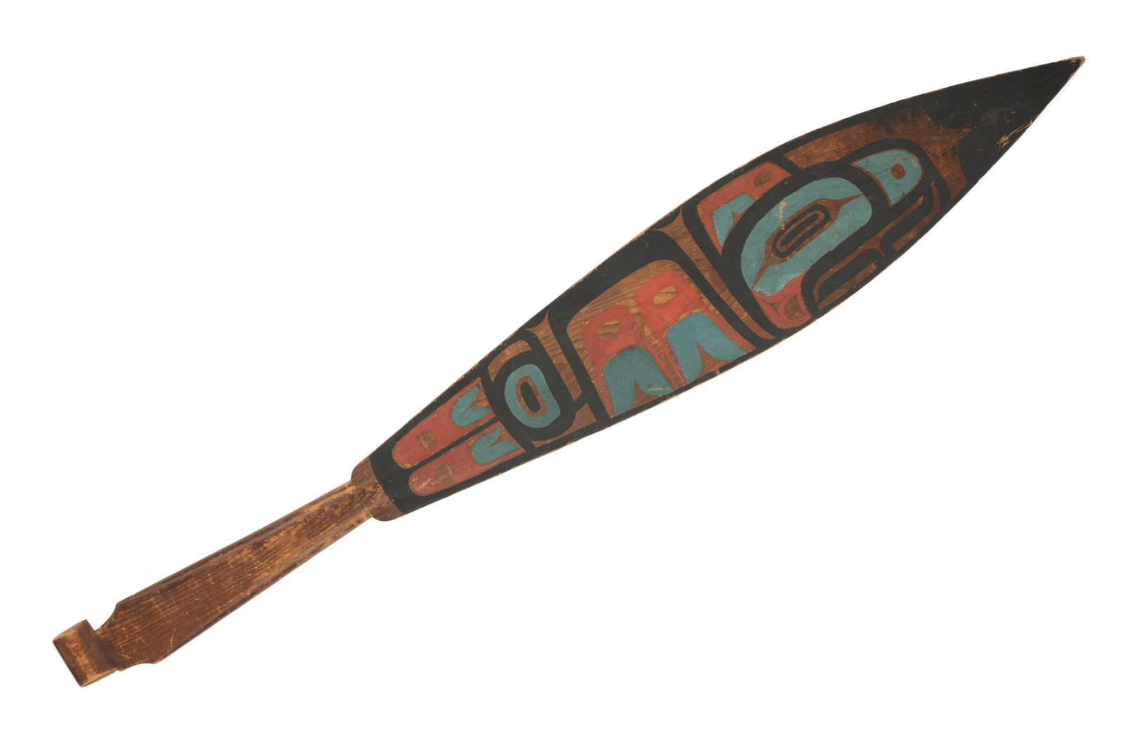 UNIDENTIFIED TLINGIT ARTIST, Model Painted Paddle, c. 1900-1920: UNIDENTIFIED TLINGIT ARTIST Model Painted Paddle, c. 1900-1920 cedar wood and paint, 36 x 5.25 x 0.75 in (91.4 x 13.3 x 1.9 cm) unsigned. ESTIMATE: $400 — $600 Provenance: Private Collection, Montre