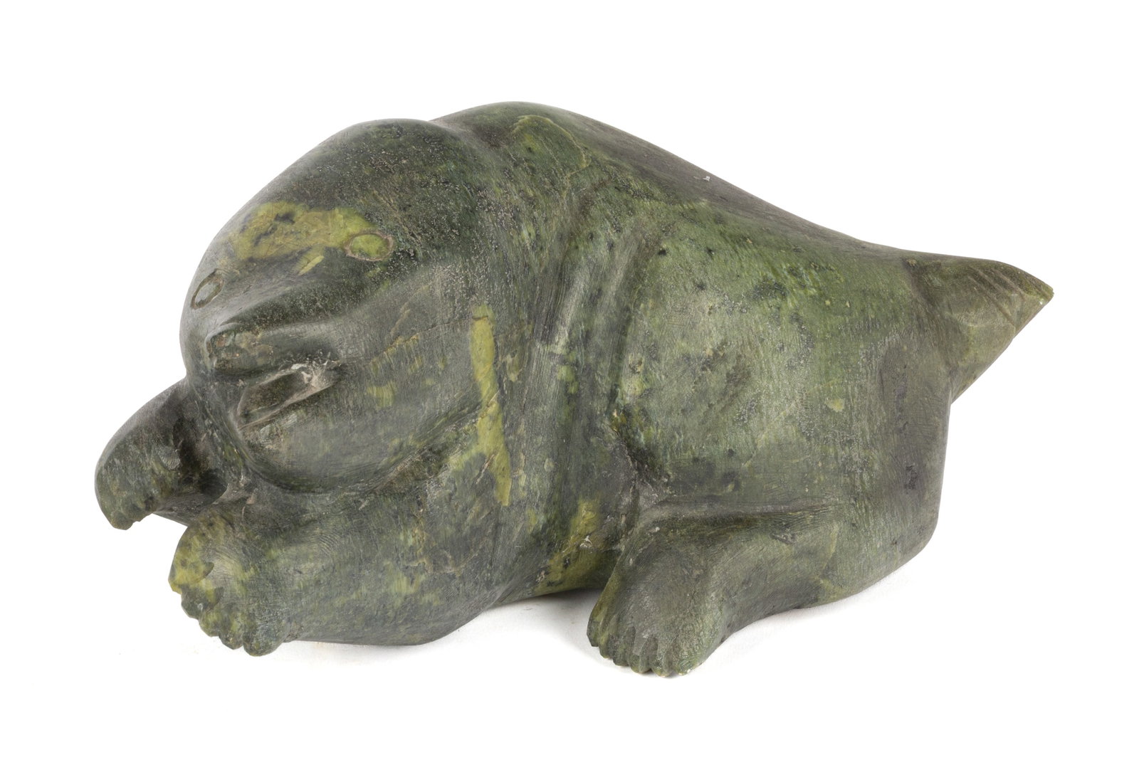 UNIDENTIFIED INUIT ARTIST, Protective Spirit, 1960s: UNIDENTIFIED ARTIST, KINNGAIT (CAPE DORSET) Protective Spirit, 1960s stone, 6 x 9.75 x 5 in (15.2 x 24.8 x 12.7 cm) unsigned. ESTIMATE: $500 — $800 Provenance: Collection of John & Joyce Price, Seat