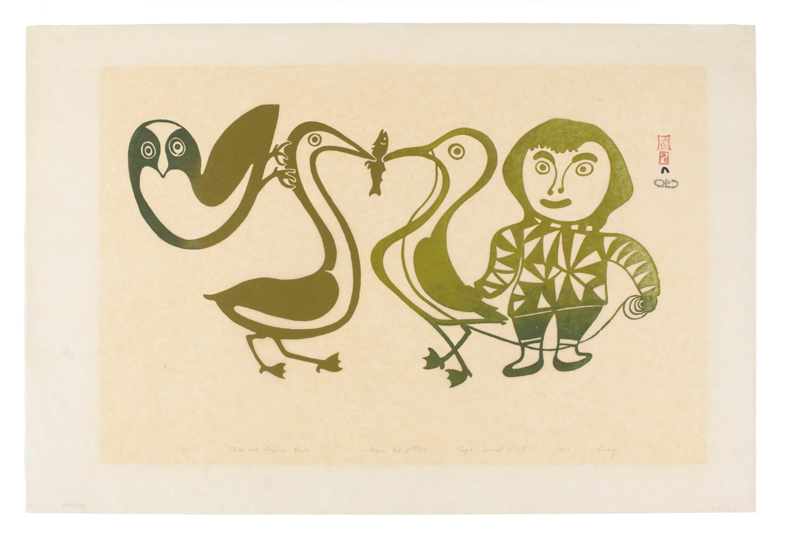 LUCY QINNUAYUAK, INUIT, Child with Captive Bird, 1961 #72: LUCY QINNUAYUAK (1915-1982) KINNGAIT (CAPE DORSET) Child with Captive Bird, 1961 #72 Printmaker: LUKTA QIATSUK (1928-2004) KINNGAIT (CAPE DORSET) stonecut, 20 x 30 in (50.8 x 76.2 cm) 29/50 ESTIMATE: 