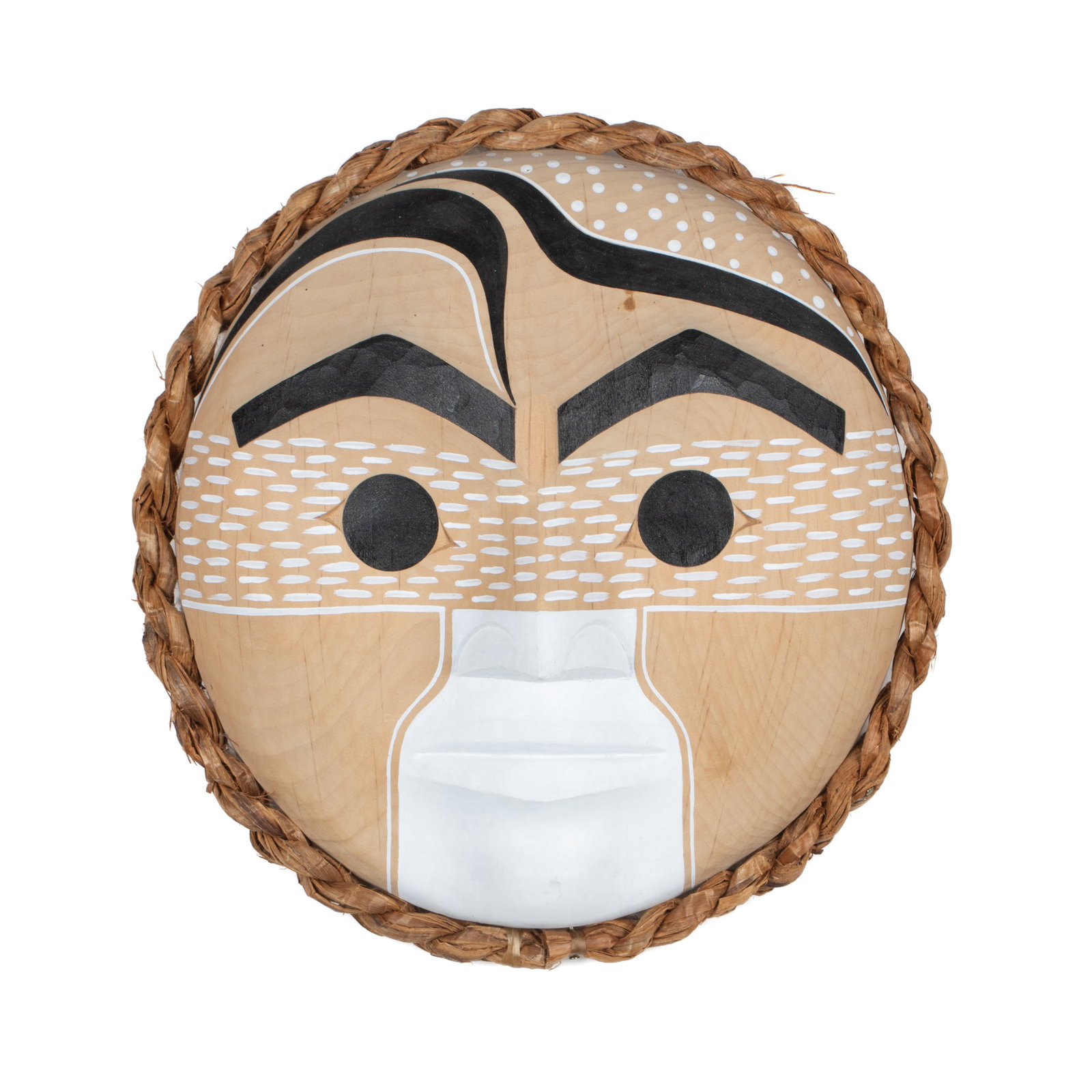 DOUGLAS DAVID, FIRST NATIONS, Coastal Moon Mask, 2006: DOUGLAS DAVID (1971-) NUU-CHAH-NULTH, DAKOTA, AND SIOUX, SEATTLE, WA / PORT ALBERNI, BC Coastal Moon Mask, 2006 wood, hammered cedar bark, acrylic paint, and sparkle acrylic paint, 8.5 x 8 in (21.6 x 