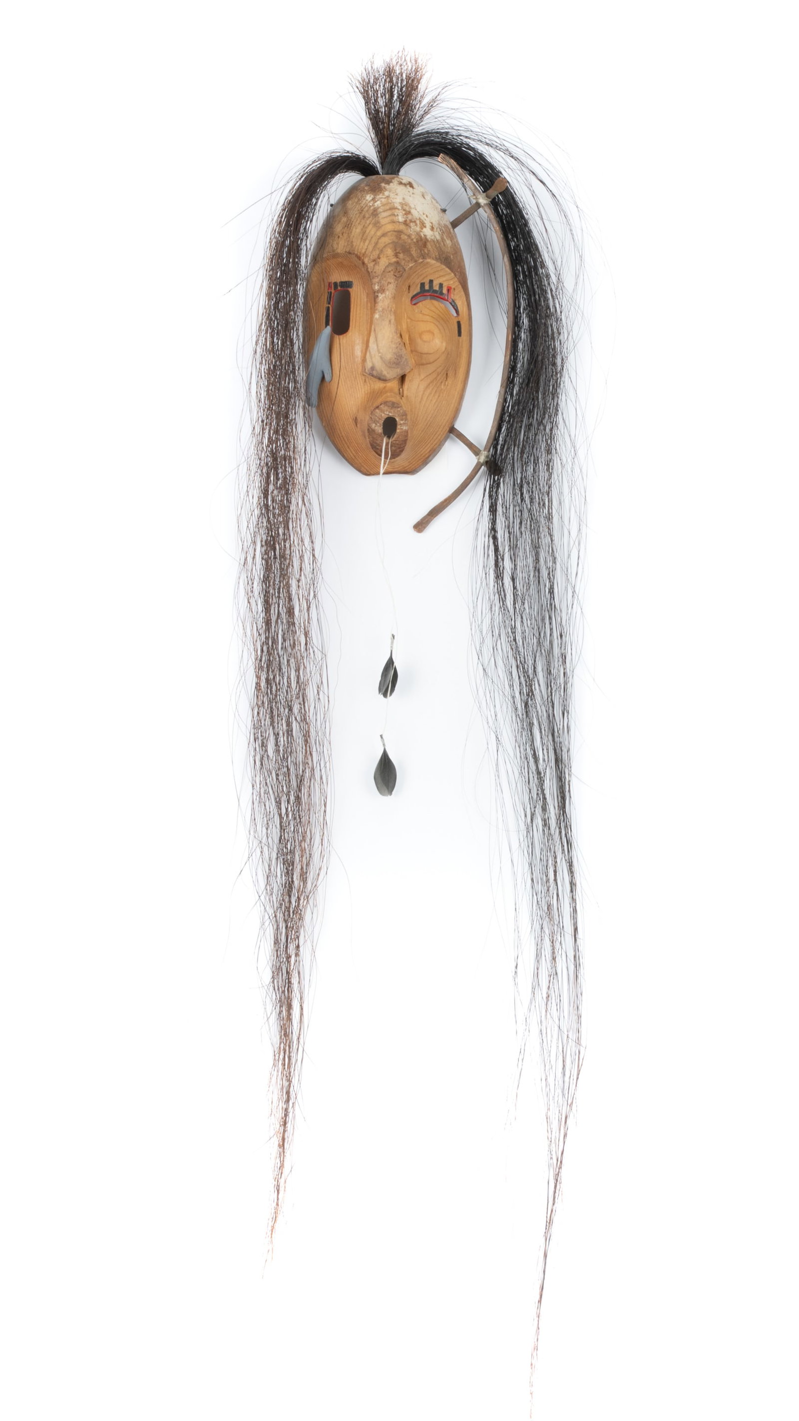 JIM & BONNIE DILLARD, NON-INDIGENOUS, Alutiiq Style Mask, c. 2000s: JIM AND BONNIE DILLARD, NON-INDIGENOUS, KODIAK, AK Alutiiq Style Mask, c. 2000s see firstarts.ca for details, 7.5 x 4.5 x 2.5 in (19.1 x 11.4 x 6.3 cm), measurements reflect dimensions without hair. P