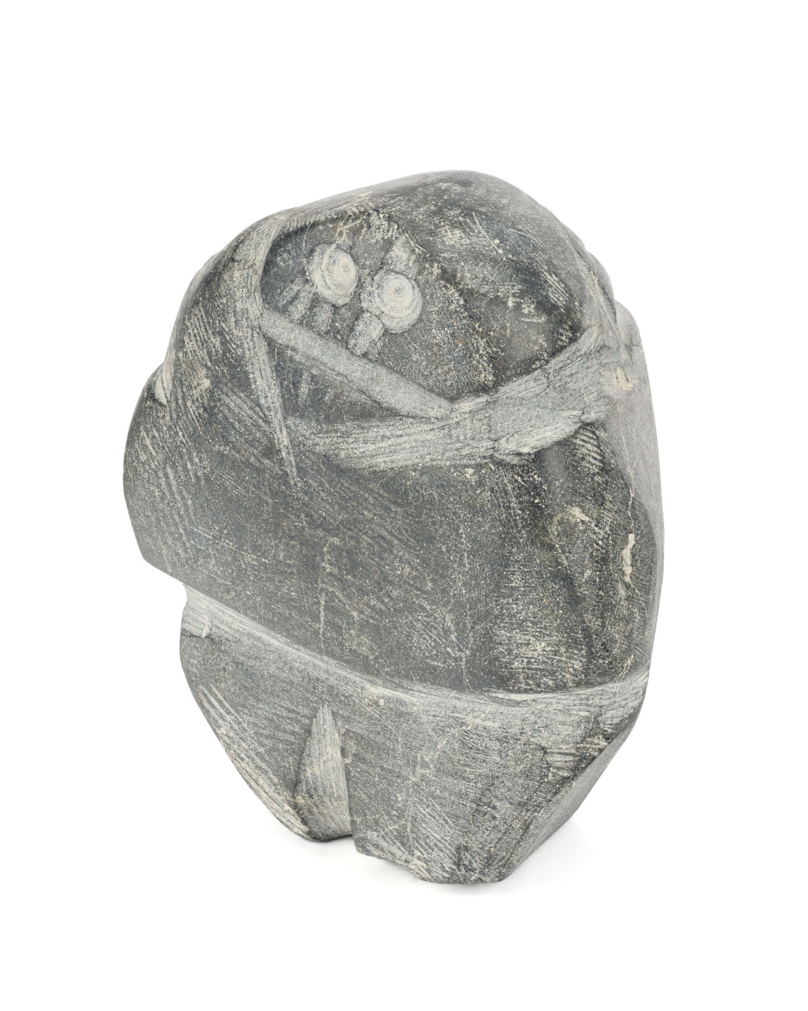 JOHN KAVIK, INUIT, Standing Woman with Child in Amautiq, mid-late 1970s: JOHN KAVIK (1897-1993) KANGIQLINIQ (RANKIN INLET) Standing Woman with Child in Amautiq, mid-late 1970s stone, 4.5 x 3.5 x 3 in (11.4 x 8.9 x 7.6 cm) signed, "ᑲᕕ". Provenance A Toronto Coll