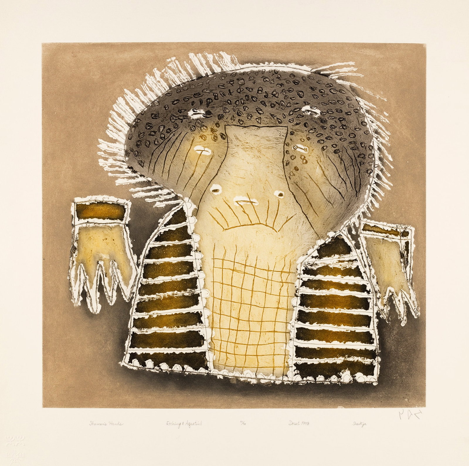 SHEOJUK ETIDLOOIE (1932-1999) KINNGAIT (CAPE DORSET), Shaman's Hands, 1998 #24: SHEOJUK ETIDLOOIE (1932-1999) KINNGAIT (CAPE DORSET) Shaman's Hands, 1998 #24 Printmaker: STUDIO PM, Montreal etching and aquatint, plate: 23.5 x 24.75 in (59.7 x 62.9 cm) / sheet: 32.25 x 31.5 in (81
