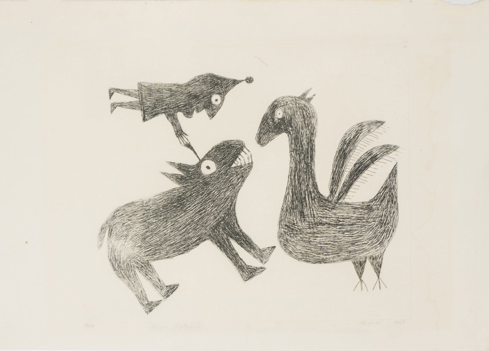 ANIRNIK OSHUITOQ, INUIT, Spirit with Animals, 1963: ANIRNIK OSHUITOQ (1902-1983) KINNGAIT (CAPE DORSET) Spirit with Animals, 1963 engraving, sheet: 12.5 x 18 in (31.8 x 45.7 cm) / plate: 9.75 x 11.75 in (24.8 x 29.8 cm) 46/50 Provenance Private Collect