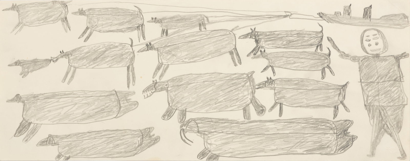 PARR (1893-1969) KINNGAIT (CAPE DORSET), Untitled (Hunter with Knife, Sled, and Dogs Approaching: PARR (1893-1969) KINNGAIT (CAPE DORSET) Untitled (Hunter with Knife, Sled, and Dogs Approaching Walrus and Seals), c. 1961-62 graphite on paper, 7 x 18 in (17.8 x 45.7 cm) unsigned. Provenance Collect