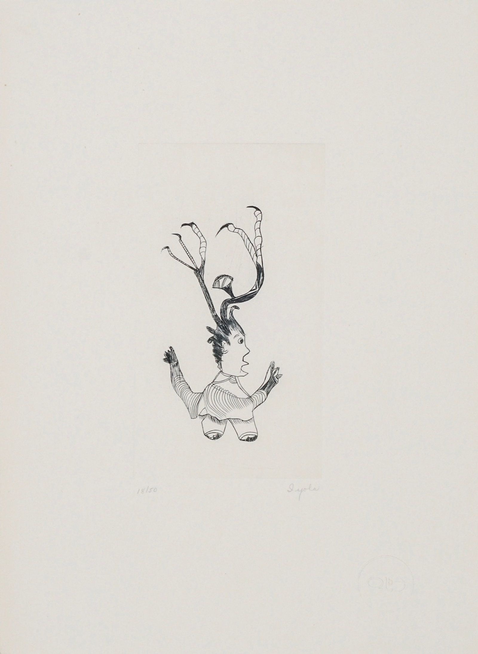 IYOLA KINGWATSIAK, INUIT, Untitled (2-62), 1962 #2: IYOLA KINGWATSIAK (1933-2000) KINNGAIT (CAPE DORSET) Untitled (2-62), 1962 #2 engraving, plate: 6.75 x 3.75 in (17.1 x 9.5 cm) / sheet: 13 x 9.5 in (33 x 24.1 cm) 18/50 Provenance Private Collection, 