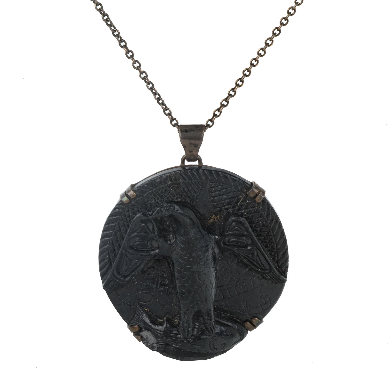 ARTHUR MOODY, FIRST NATIONS, American Eagle with Captured Salmon, c. 1950s: ARTHUR MOODY (1887-1967) SKIDEGATE, HAIDA GWAII American Eagle with Captured Salmon, c. 1950s argillite with later added bale and chain, 1.75 x 0.5 x 0.5 in (4.4 x 1.3 x 1.3 cm) inscribed and signed, 