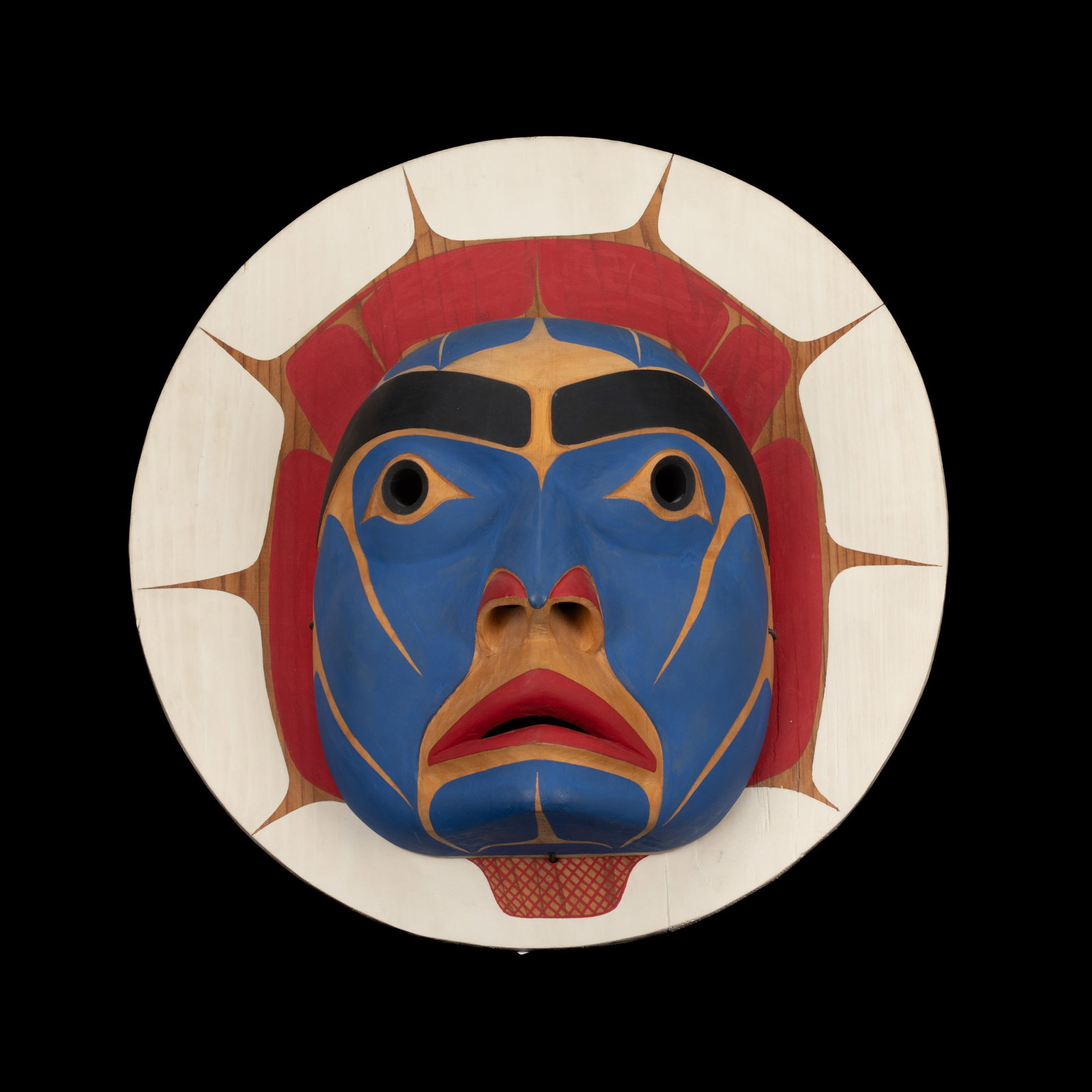 GENE BRABANT, FIRST NATIONS, Bella Coola Moon (Nuxalk Style Moon Mask), c. mid-late 1980s: GENE BRABANT (1946-) CREE, VICTORIA, B.C. Bella Coola Moon (Nuxalk Style Moon Mask), c. mid-late 1980s red and yellow cedar wood and acrylic paint, 14.75 x 14.5 x 4.5 in (37.5 x 36.8 x 11.4 cm) titled