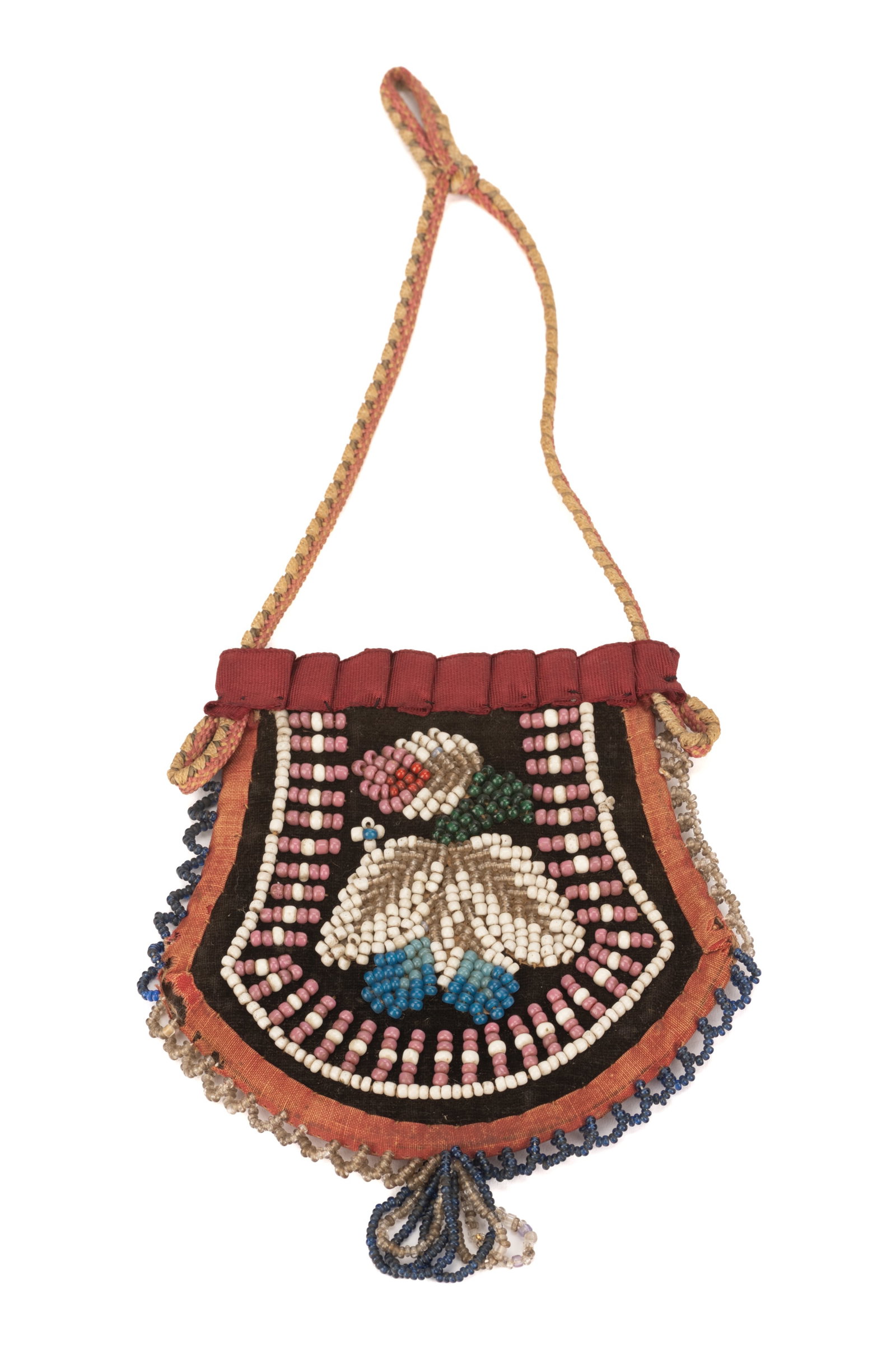 UNIDENTIFIED HAUDENOSAUNEE (IROQUOIS) ARTIST, Small Black Beaded Bag with Ruffle Trim, late 19th / (1 of 2)
