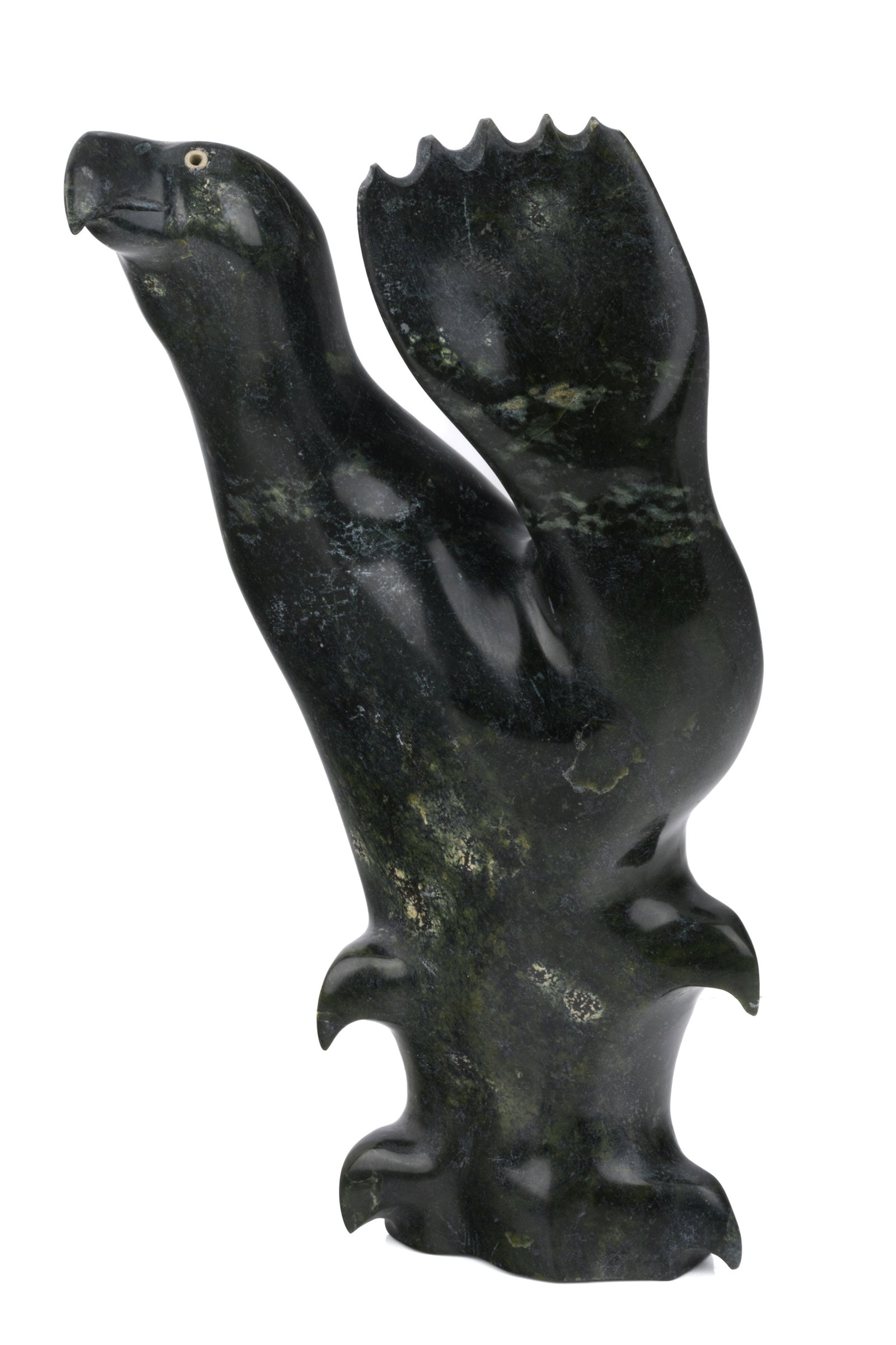 GIDEON QAUQJUAQ, INUIT, Gull with Flippered, Waving Wing, 1990s: GIDEON QAUQJUAQ (1941-) TALOYOAK (SPENCE BAY) Gull with Flippered, Waving Wing, 1990s stone, 11 x 4.5 x 5.5 in (27.9 x 11.4 x 14 cm) signed, "ᑲᐅᔪᐃ". Provenance A Toronto Collec