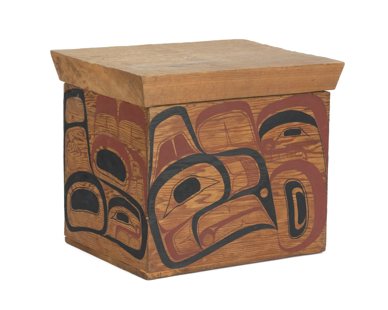 DR. ALFRED JOSEPH GISDAY’WAY, FIRST NATIONS, Lidded Bent Corner Box, 1960s / 1970s: DR. ALFRED JOSEPH GISDAY’WAY (1927-2014) WET'SUWET'EN Lidded Bent Corner Box, 1960s / 1970s red cedar wood and pigment, 11.5 x 13.5 x 11 in (29.2 x 34.3 x 27.9 cm) signed, "Alfred Joseph"; inscribed