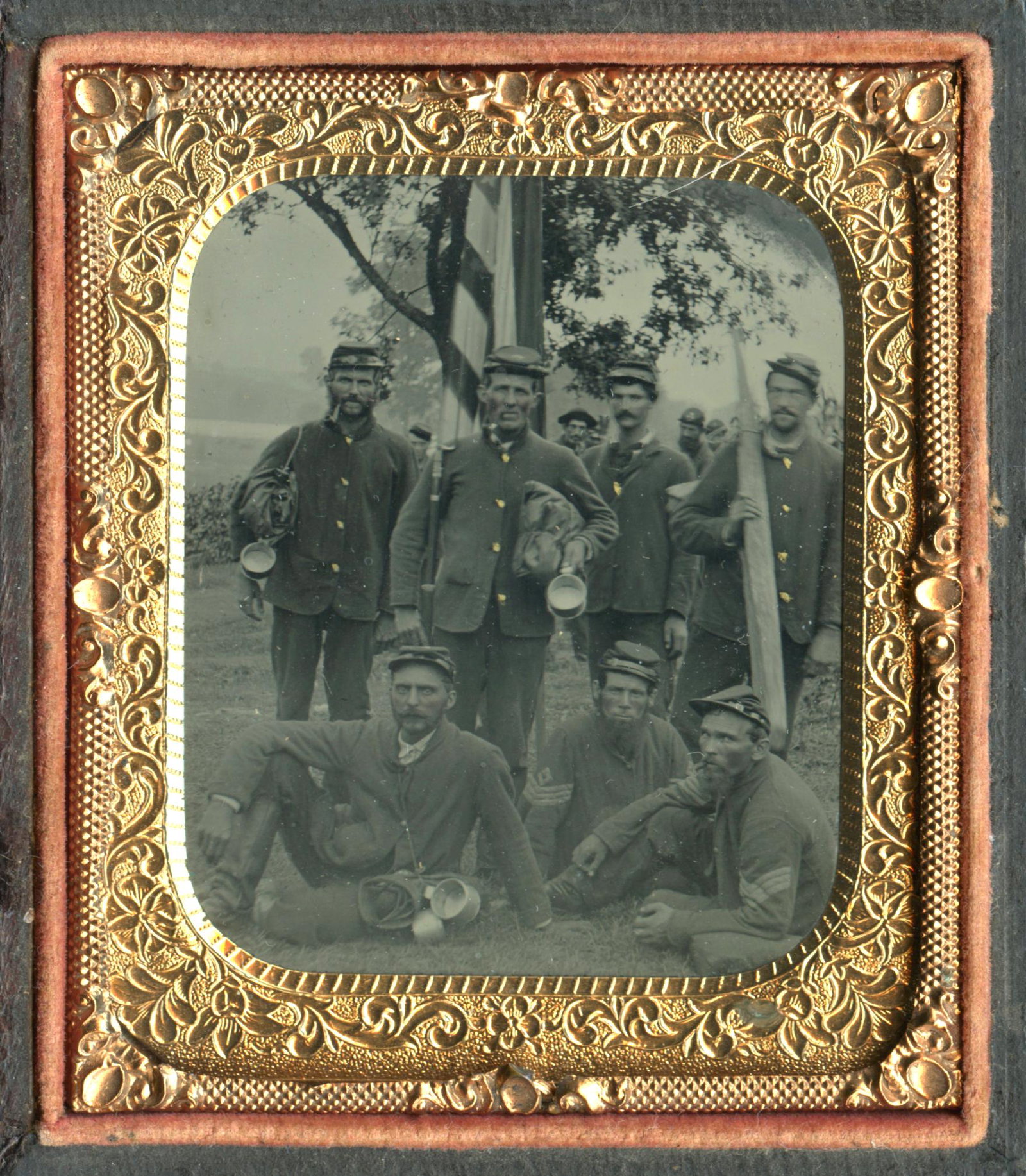 Incredible Civil War PA Tintype w/ Letters, Ephemera: Group includes a stunning sixth plate tintype housed in a full leatherette case of John C. Billings of the 1st PA Infantry/12th PA Cavalry flanked by fellow soldiers in front of an American flag, a ni