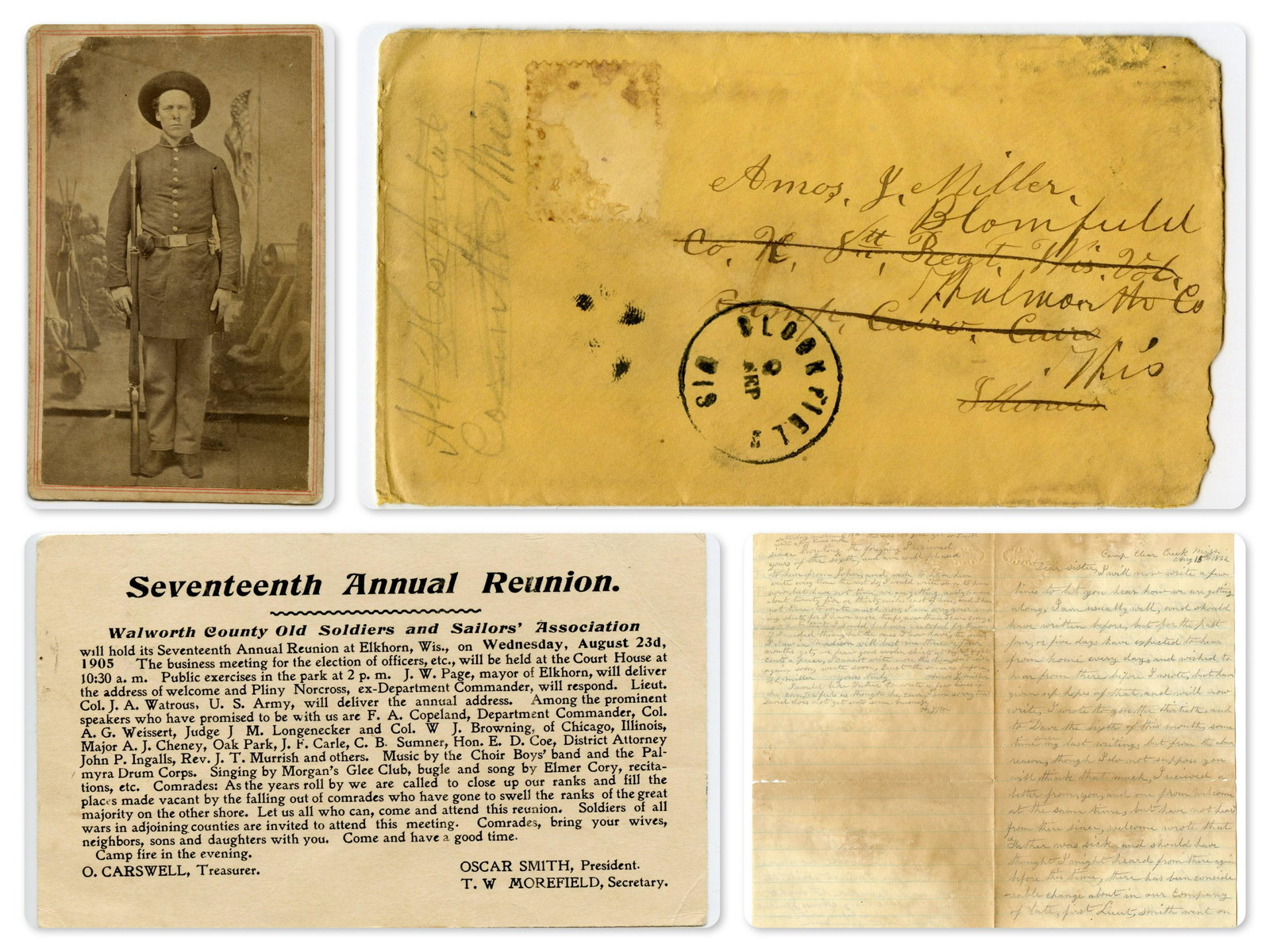 Civil War Wisconsin CDV, Letters, Paper Ephemera: An impressive grouping of a CDV photo, wartime letters (4), and post-War ephemera related to Amos J. Miller of the 8th Wisconsin. Miller enlisted in the 8th Wisconsin in September of 1861 and served u