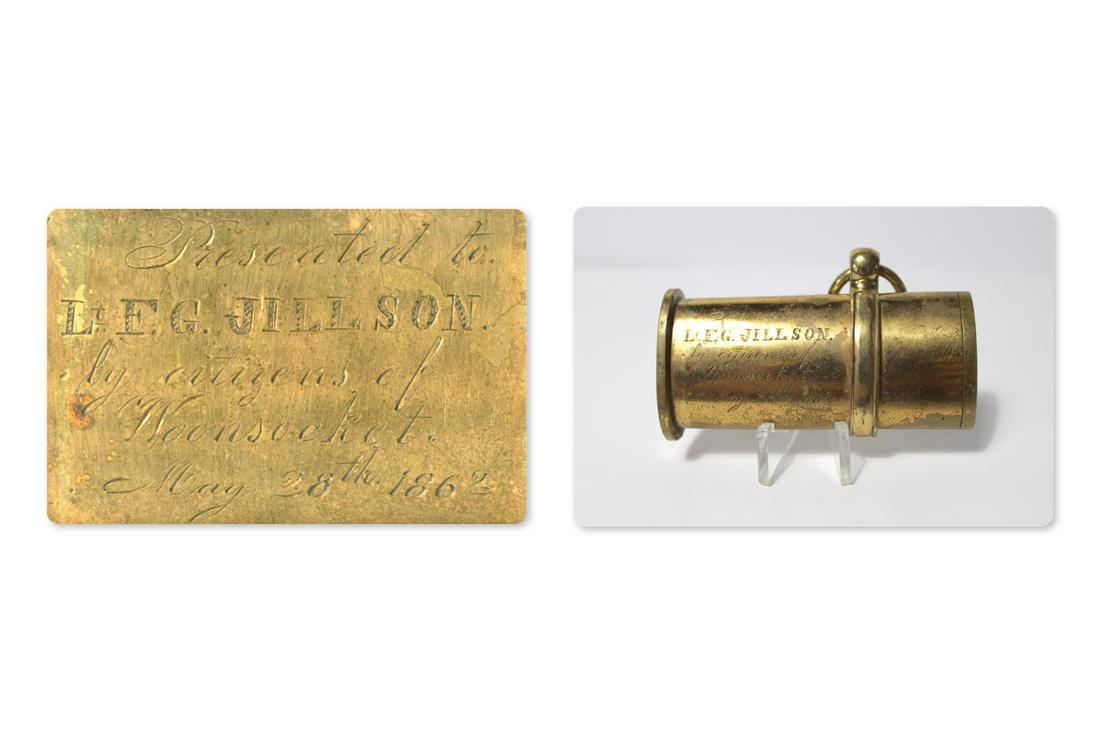 Civil War Presentation Sword Scabbard Mount- Rhode: Civil War presentation sword mount inscribed "Presented to Lt. F.G Jillson, by Citizens of Woonsocket, May 28th, 1862." The mount was ostensibly separated from its scabbard and sword at some point in 