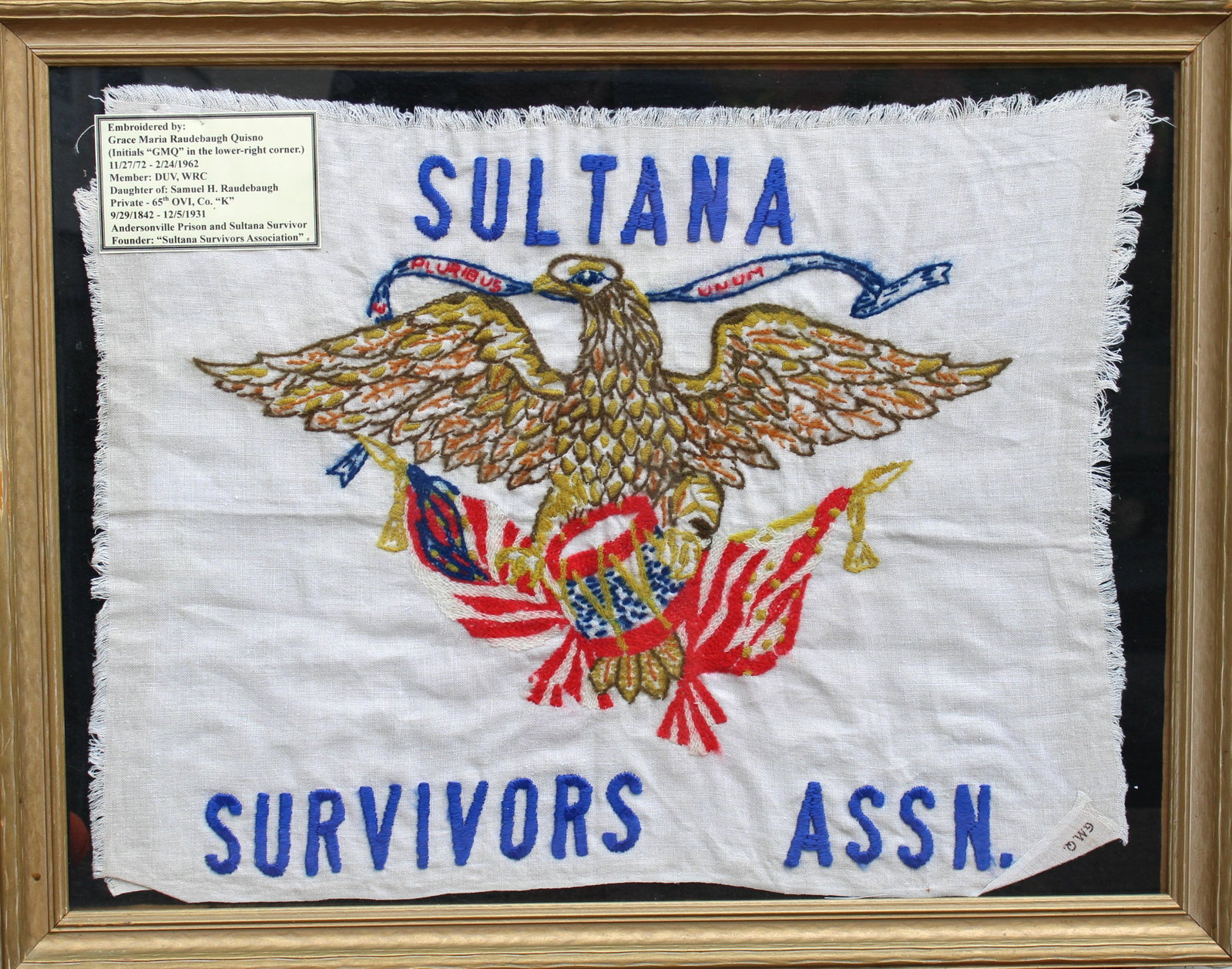 Unique “Sultana” Survivors Embroidery: One-of-a-Kind "Sultana" Embroidery A truly wonderful piece of folk art commemorating the Sultana disaster, hand-sewn by the daughter of a Union soldier that survived the blast! This beautiful patrioti