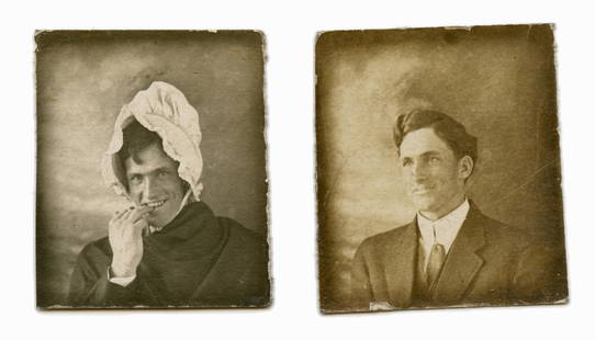 Early Photobooth Photos- Crossdressing Man: Lot of eleven (11) early photobooth photos of men and women. Interestingly, one man is dressed as a women in a before/after sequence. Rare content. [Antique photography, Snapshot, Stereotype, Daguerre