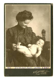 Cabinet Card of Smiling Mother & Portly Baby: Lovely cabinet card portrait of a smiling mother (presumably) holding her portly baby. The photograph was taken in Chicago, Illinois [Antique photography, Daguerreotype, Ambrotype, Tintype, Carte-de-V