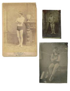 Rare Group (3 Photos) of Victorian Gymnast: Group features a cabinet card (Cincinnati, Ohio imprint) and two tintypes of the same Victorian gymnast. Rare content. [Antique photography, Snapshot, Stereotype, Daguerreotype, Ambrotype, Tintype, Ca