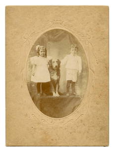 Early 20th Century Photo of Siblings w/ Dog: Early 20th century photo of siblings (presumably) with their dog. Charming portrait. [Antique photography, Snapshot, Stereotype, Daguerreotype, Ambrotype, Tintype, Carte-de-Visite, CDV, Cabinet Card,