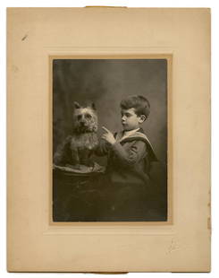 Cute Early 20th Century Photo of Child & Dog: The child seems to be asking his friend to stay still! Adorable portrait of a child and dog. [Antique photography, Snapshot, Stereotype, Daguerreotype, Ambrotype, Tintype, Carte-de-Visite, CDV, Cabine