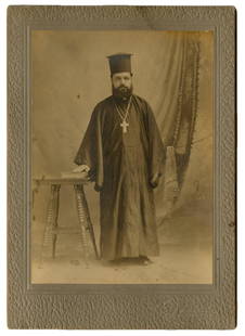 Greek Orthodox Bishop in America: Cabinet card of a Greek Orthodox Bishop taken when visiting America. [Antique photography, Snapshot, Stereotype, Daguerreotype, Ambrotype, Tintype, Carte-de-Visite, CDV, Cabinet Card, Albumen] [US Pre