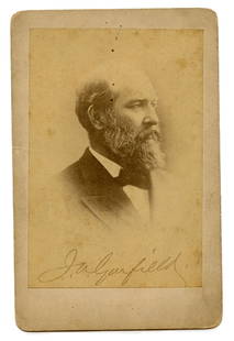 Signed Photo of President James A. Garfield: Signed cabinet card photograph of President Garfeld. Bust view, side profile. Note: the signature appears to be in the photograph itself, that is, a photograph of the signature. [Antique