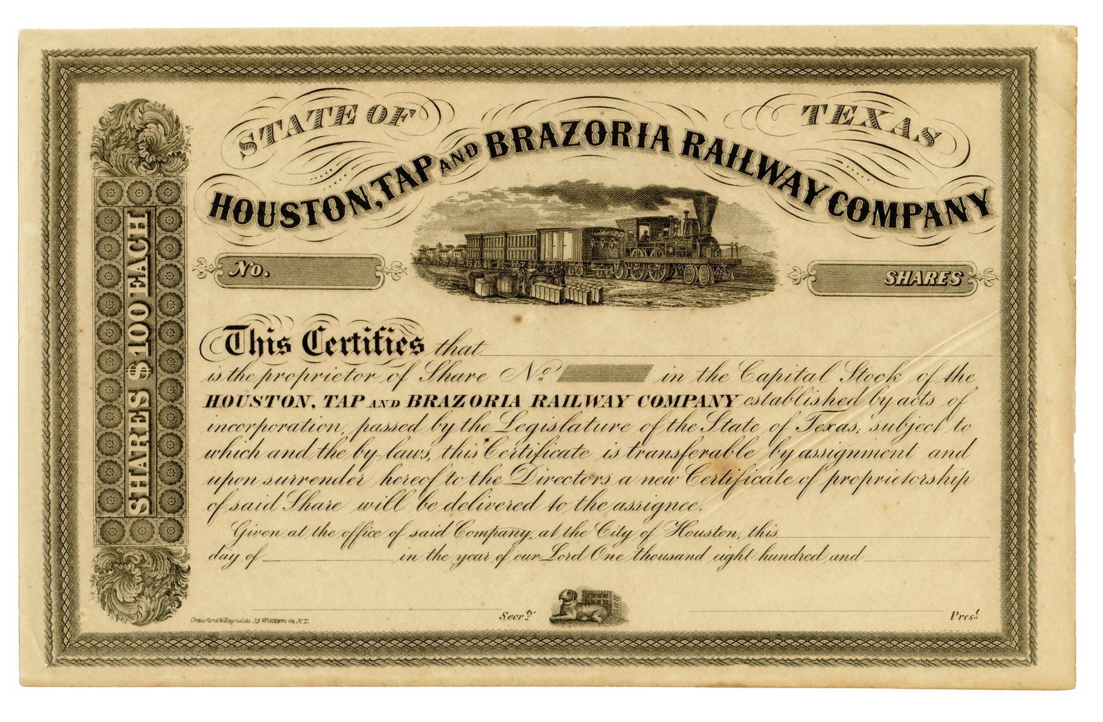 Civil War Era Texas Railroad Share: Civil War era railroad $100 share of a Texas railroad company. Rare piece. [Union, Confederate]