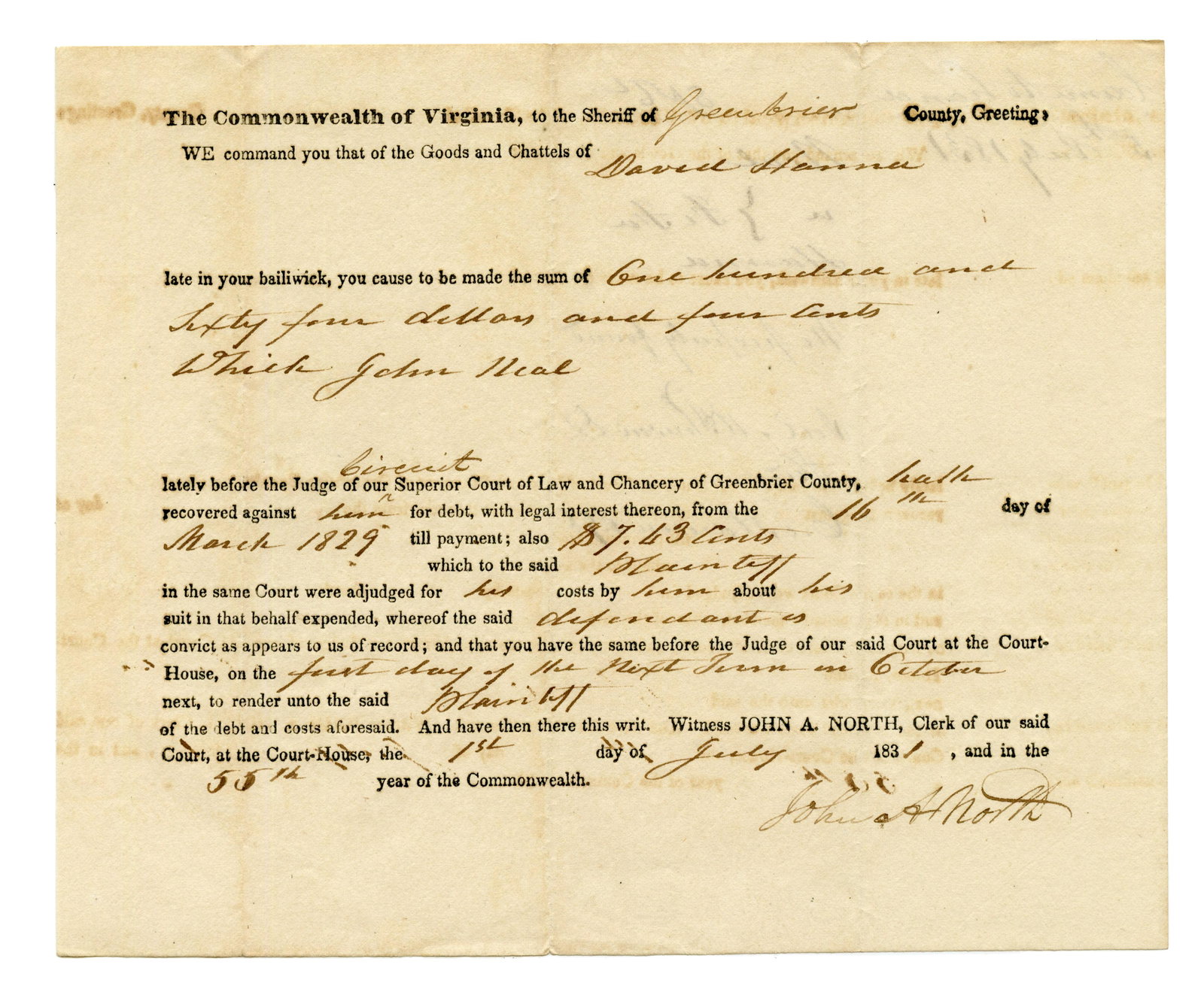 Early (1831) Greenbrier, Virginia Document: Signed by a local Judge. Interesting document detailing life in the antebellum south. [Paper Ephemera]