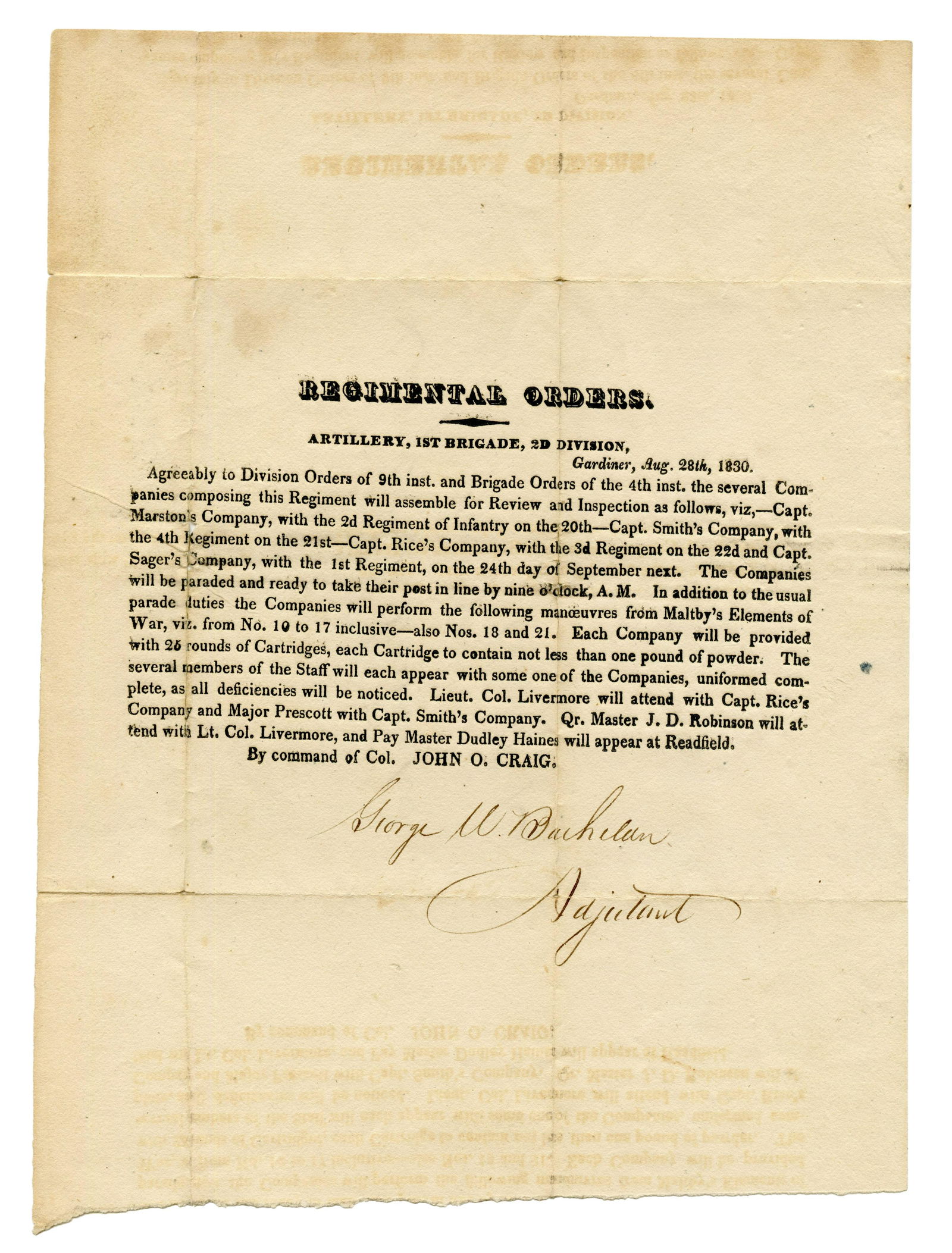 Early 1830 Artillery Regimental Order, Signed (1 of 1)