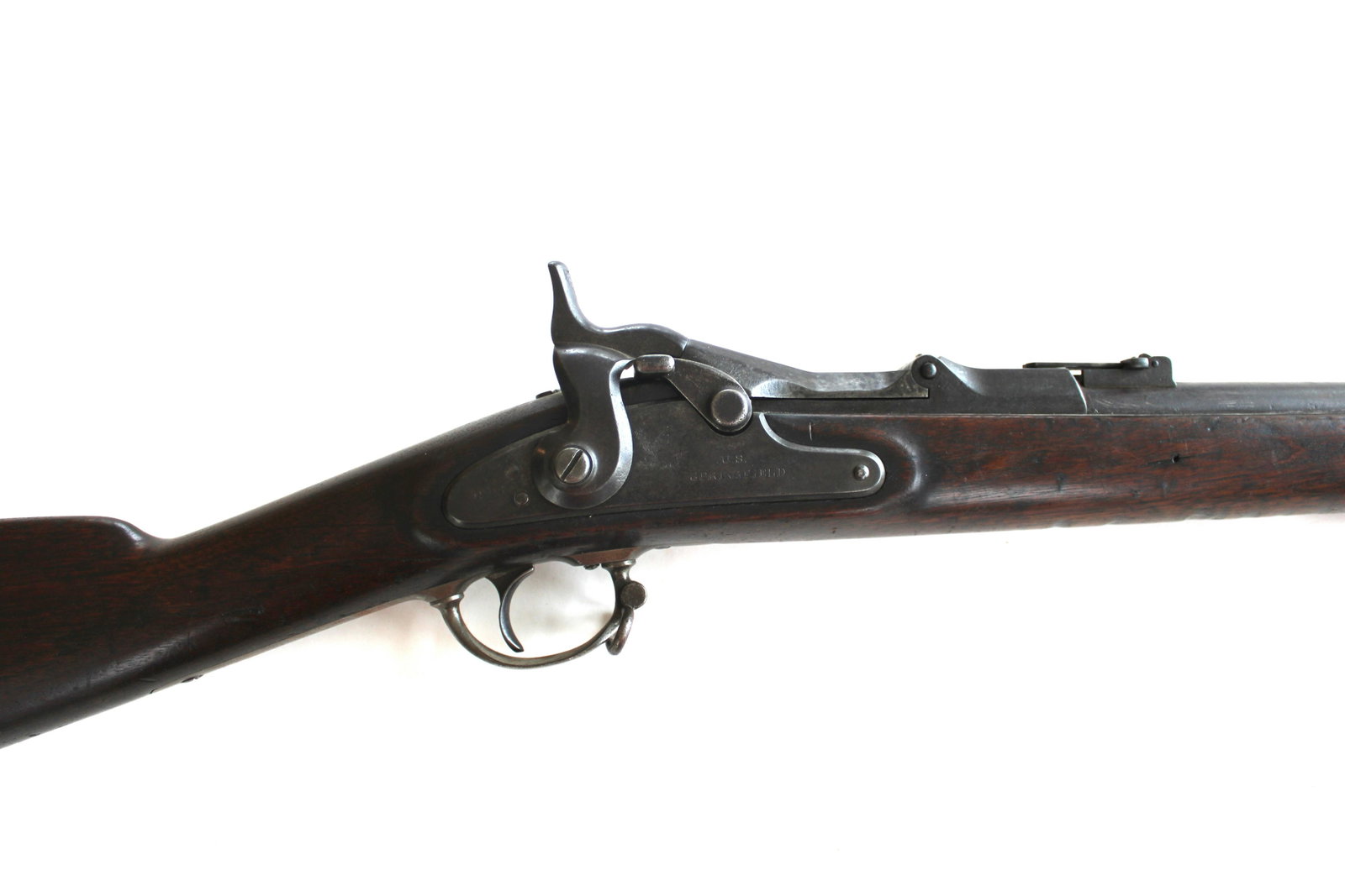 1863 Springfield (1869): The iconic, primary firearm carried by Union troops during the Civil War. Dated 1869. Standard configuration and markings, bayonet is attached. Good condition, mechanically functional. Bore is average