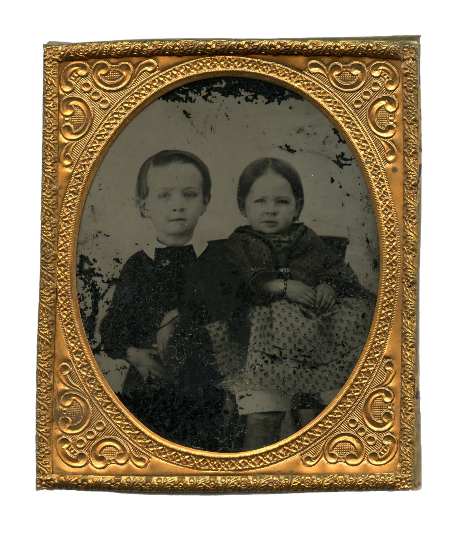 Ambrotype of Cute Siblings: Sixth plate ambrotype of two siblings. Uncased. [Antique Photography, Tintype, Daguerreotype]