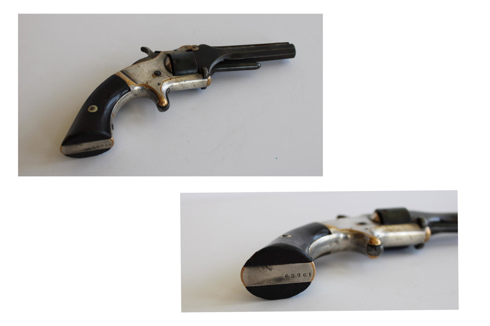 Smith & Wesson 1st Model, 2nd Issue: Smith & Wesson 1st Model, 2nd issue .22 caliber revolver, produced during the Civil War (circa. 1863-1865). The gun is mechanically functional and retains most of its original silver plating. Top of t