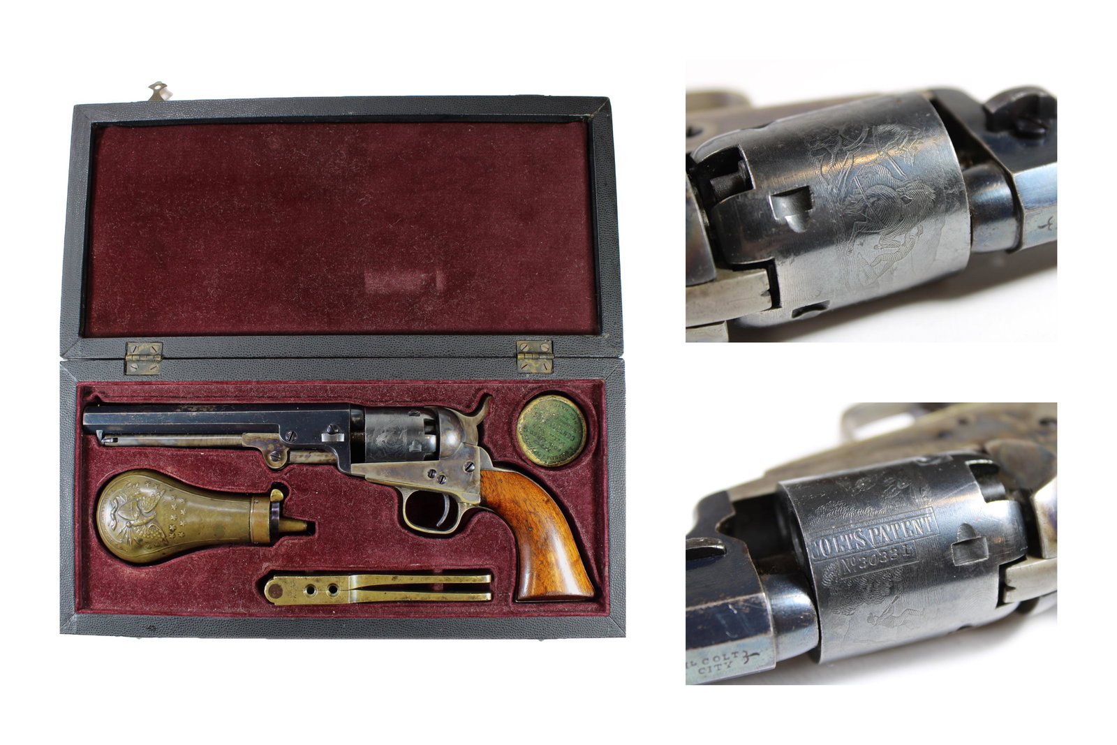 Superb, Cased M1849 Colt w/ Accoutrements: Superb M1849 Colt Pocket revolver, cased with period accoutrements including a “Colt’s Patent” bullet mold, powder flask, and box of percussion caps. The velvet lined case is modern,