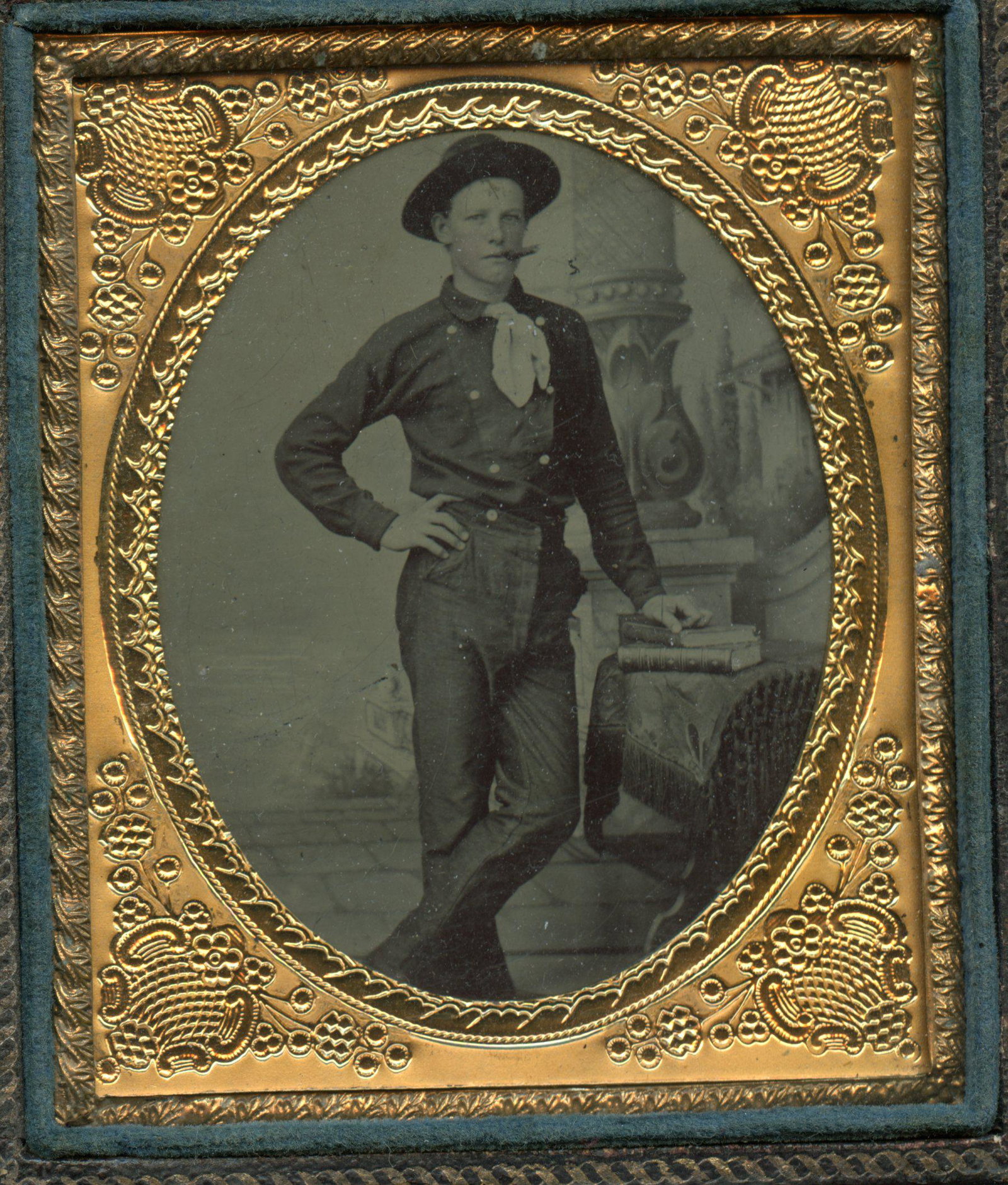 Smoking Dandy, 1/6th Plate Tintype: Sixth plate tintype. Housed in a full leatherette case. [Civil War, Union, Confederate, Daguerreotype, carte-de-visite, CDV, ambrotype, tintype, Robert E. Lee,]
